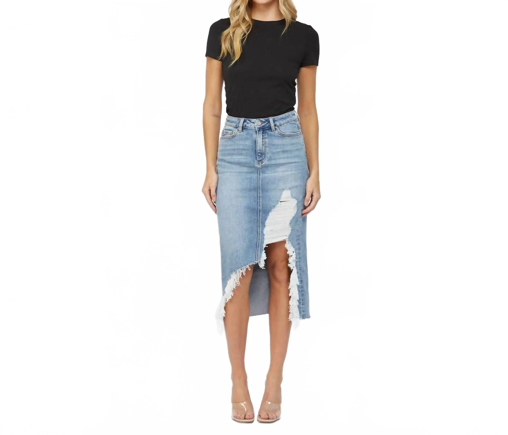 Mic Distressed Midi Skirt In Denim