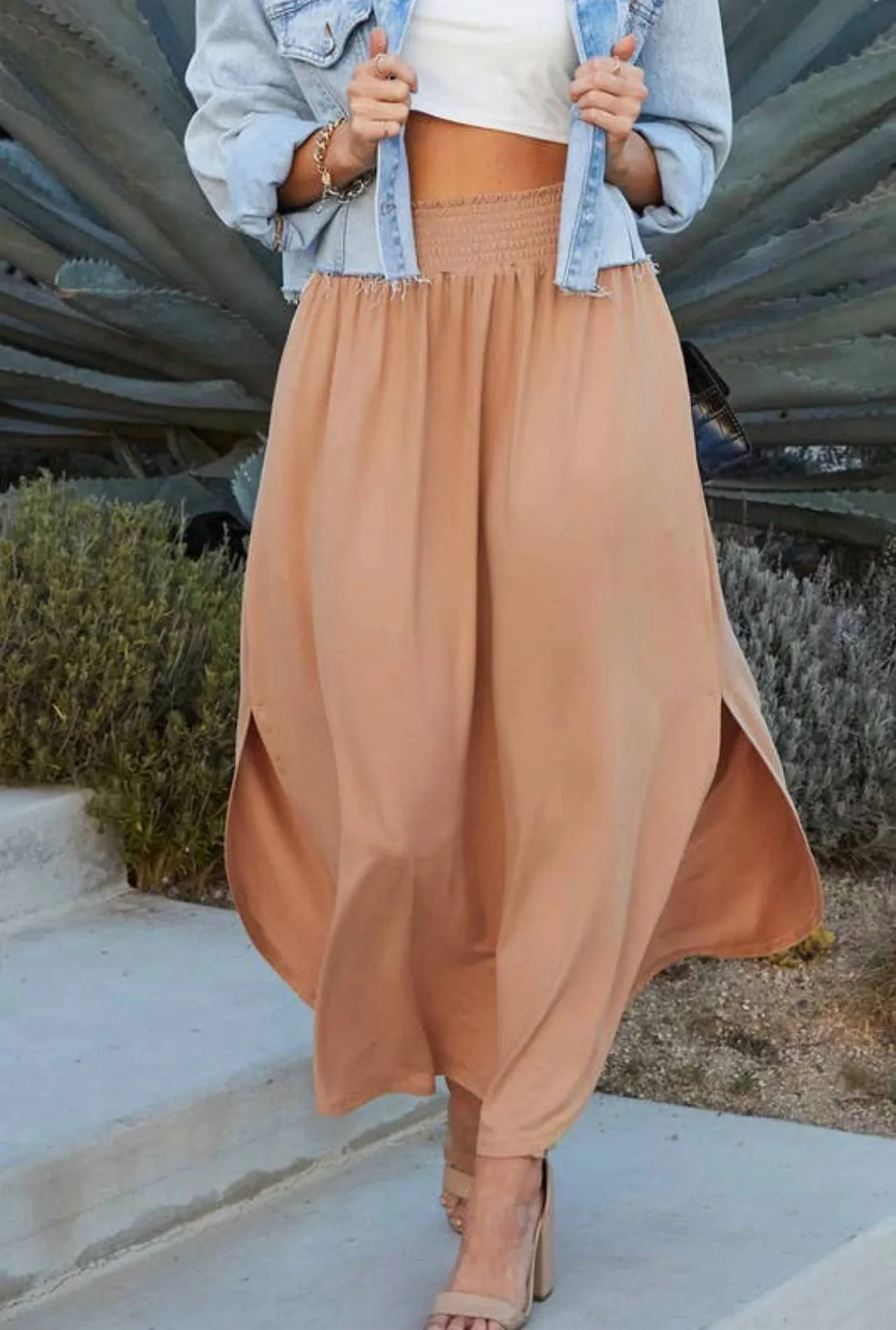Smocking Waist Maxi Skirt In Camel