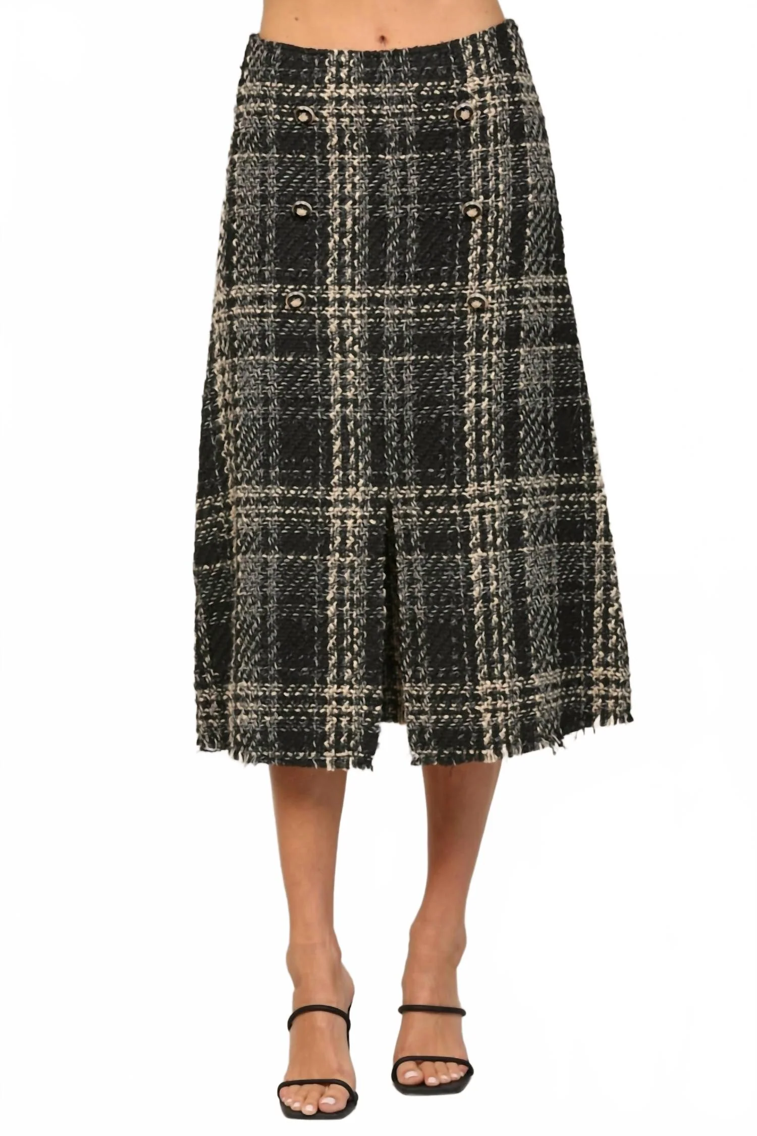 Tweed Button Front Midi Skirt In Black