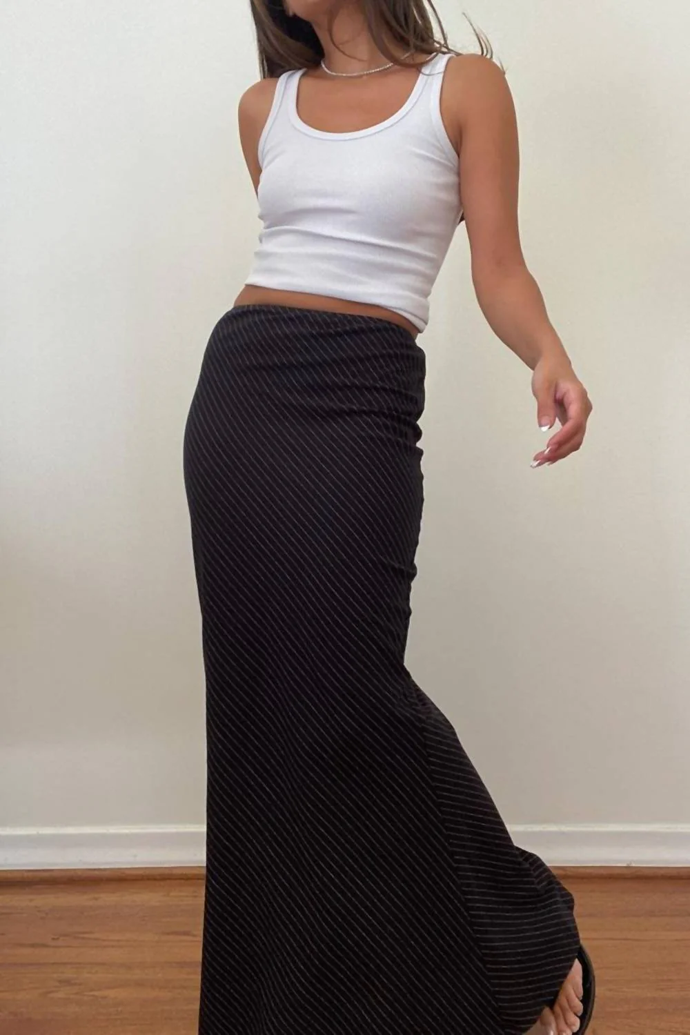 Stripe Bias Cut Maxi Skirt In Black