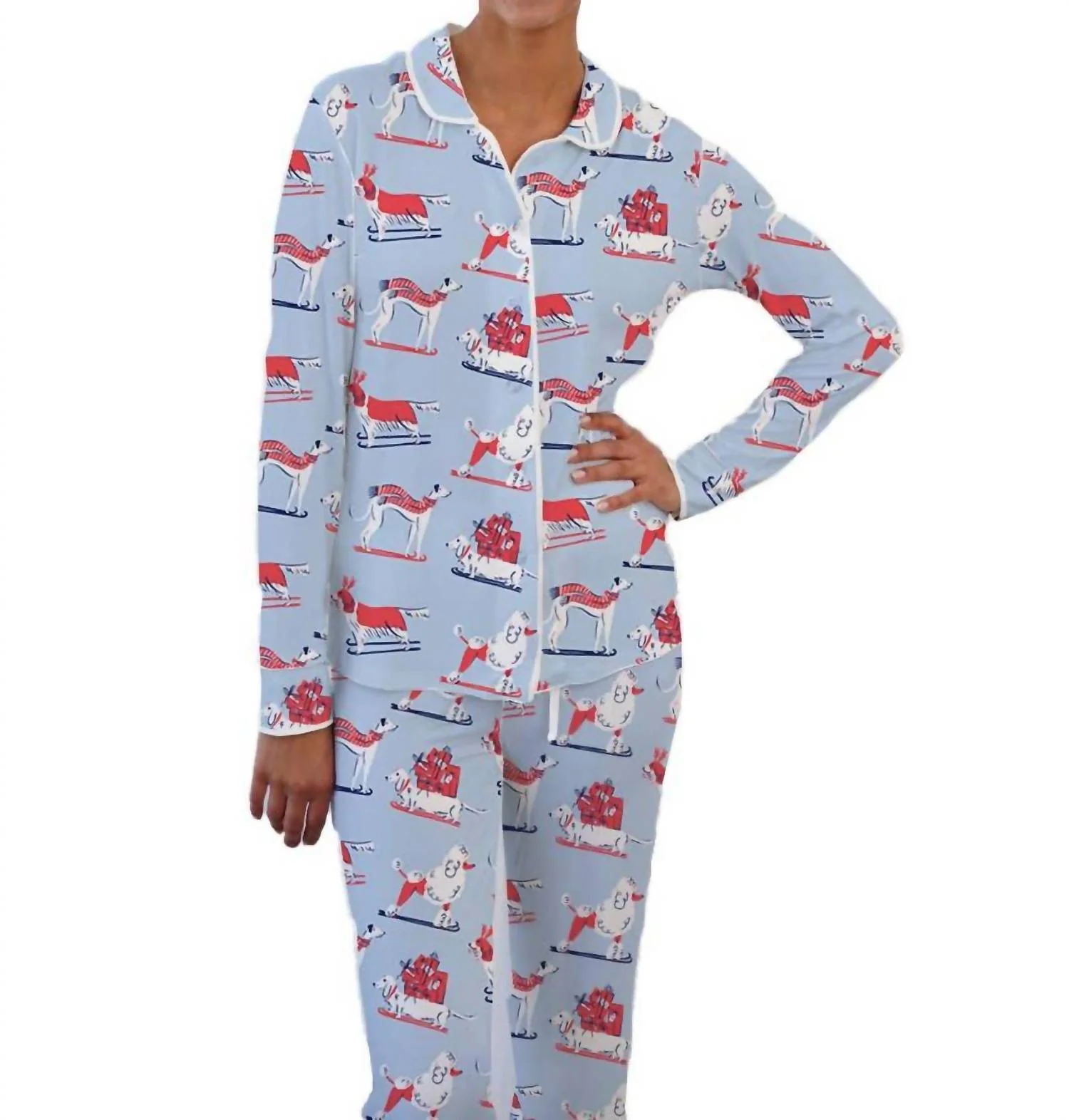 Pajama Pant-Set Ski Dogs In Light Blue