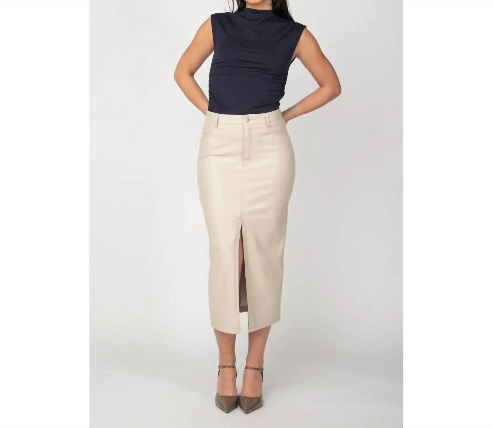 Faux Leather Midi Skirt In Bone