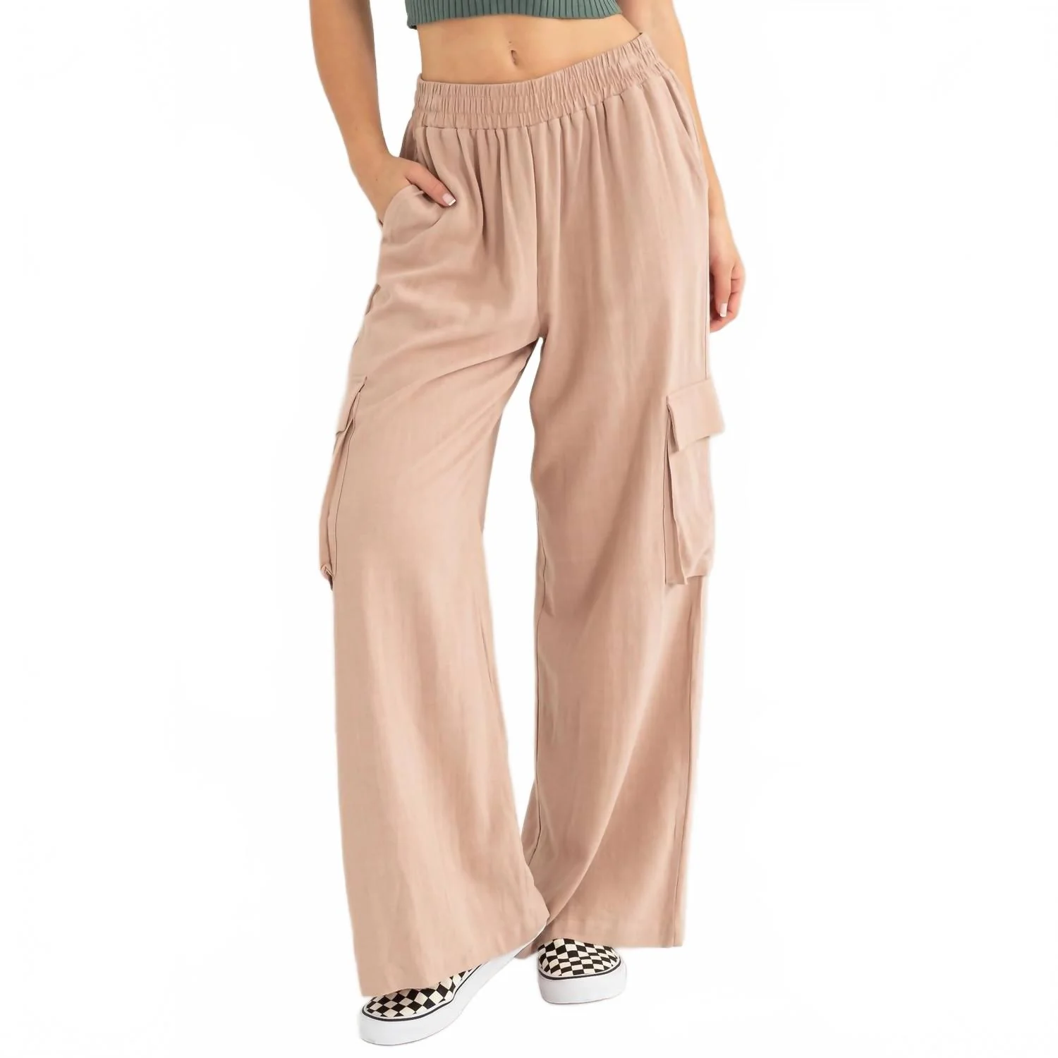 High Rise Linen Wide Cargo Pants In Taupe