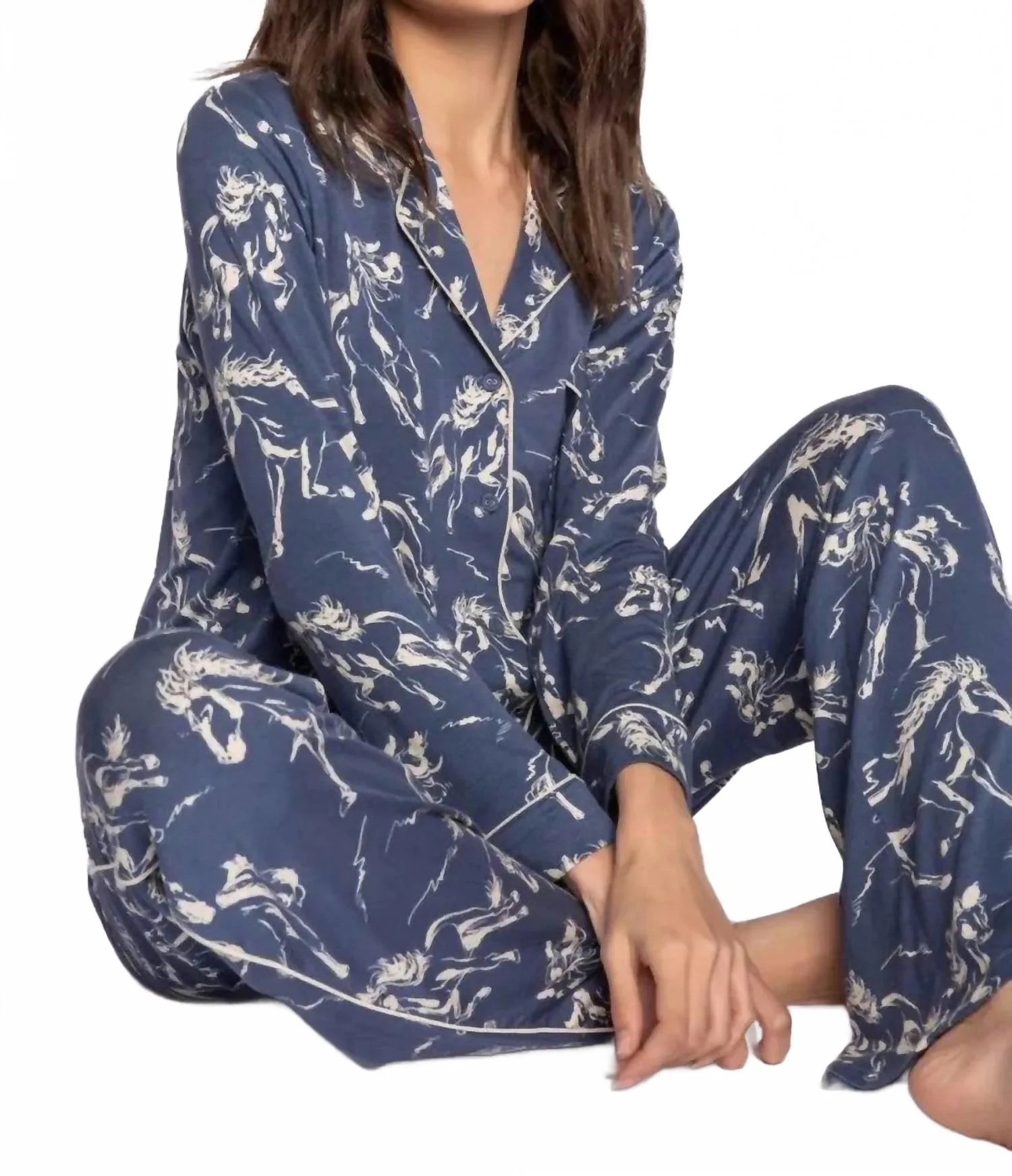 Run Wild Pajama Long Sleeve Top In Dark Denim