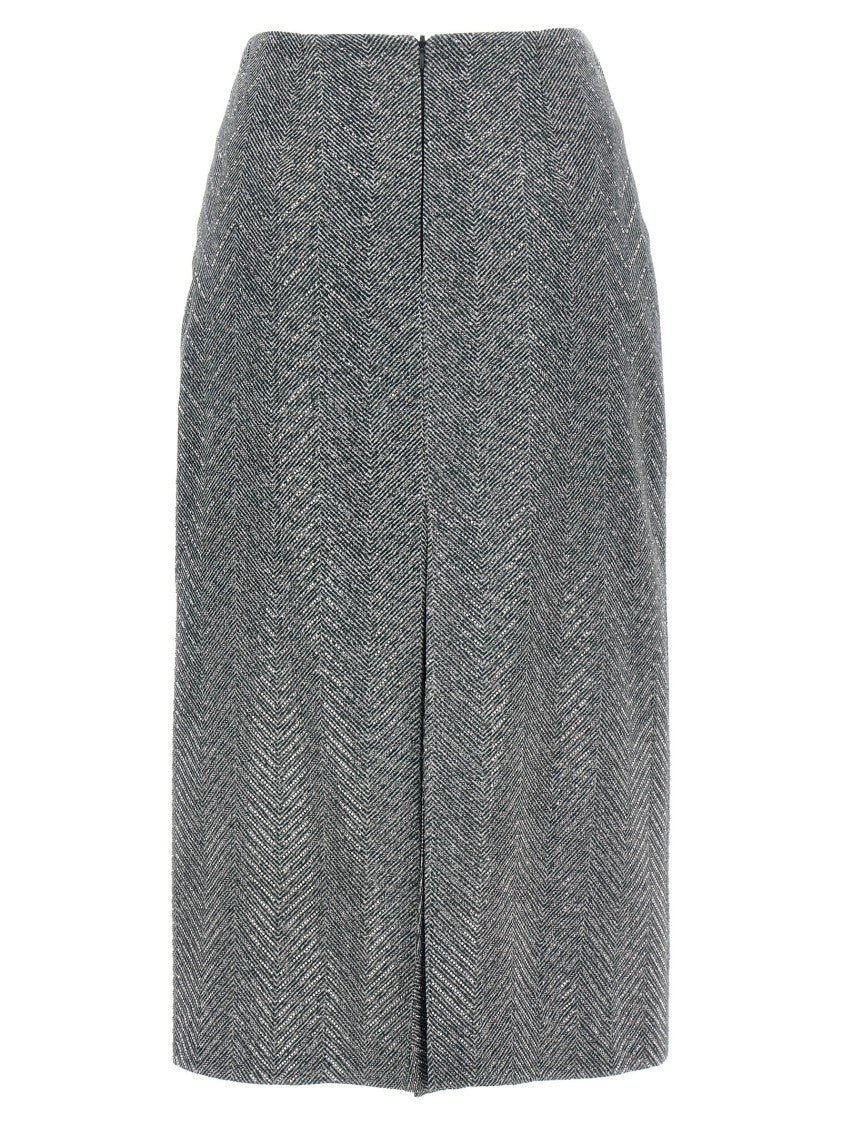 Rhinestone-Embellished Herringbone Silk Midi Skirt