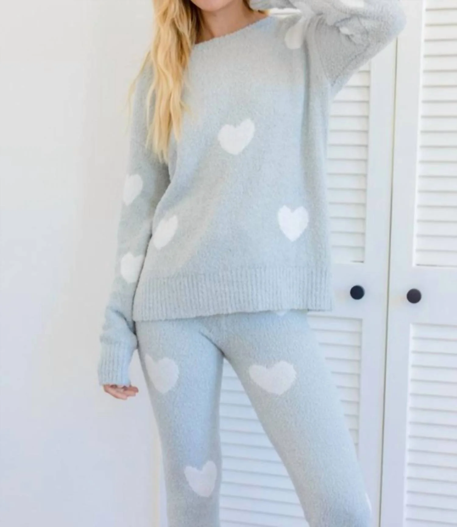 Comfy Heart Loungewear Set In Sage, White