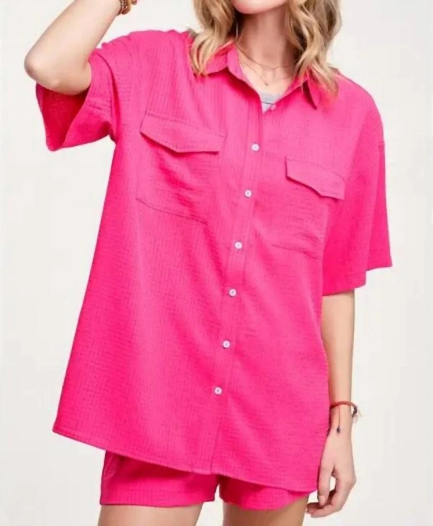 Collared Textured Comfy Loungewear Set In Fuchsia
