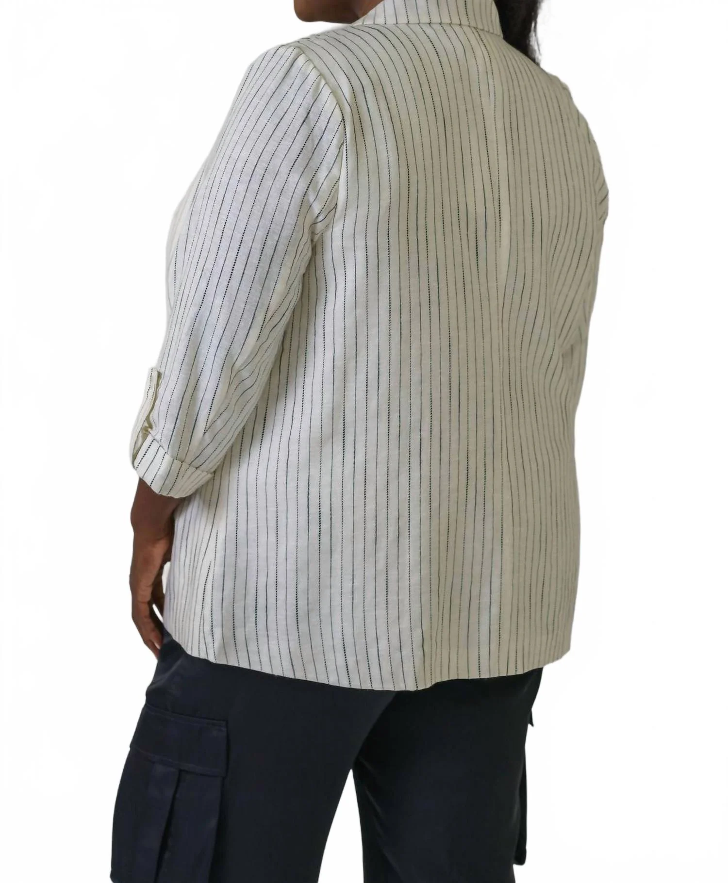 Linen Pinstripe Cuffed Blazer - Plus Size In Off White & Black