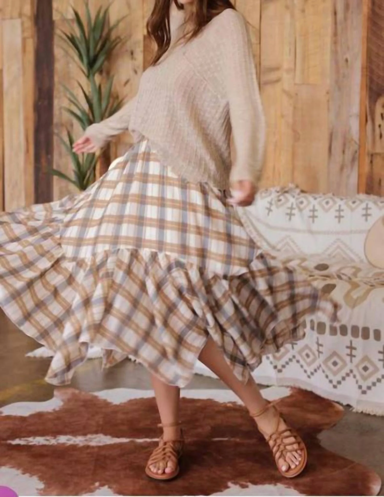 Unmatched Plaid Ruffle Midi Skirt In Khaki