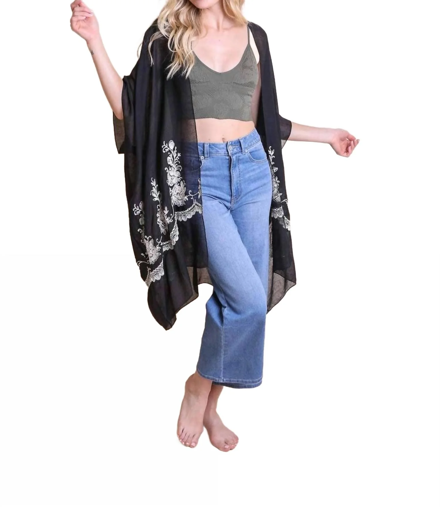 Lightweight Floral Embroidered Tassels Boho Festival Kimono Wrap In Black