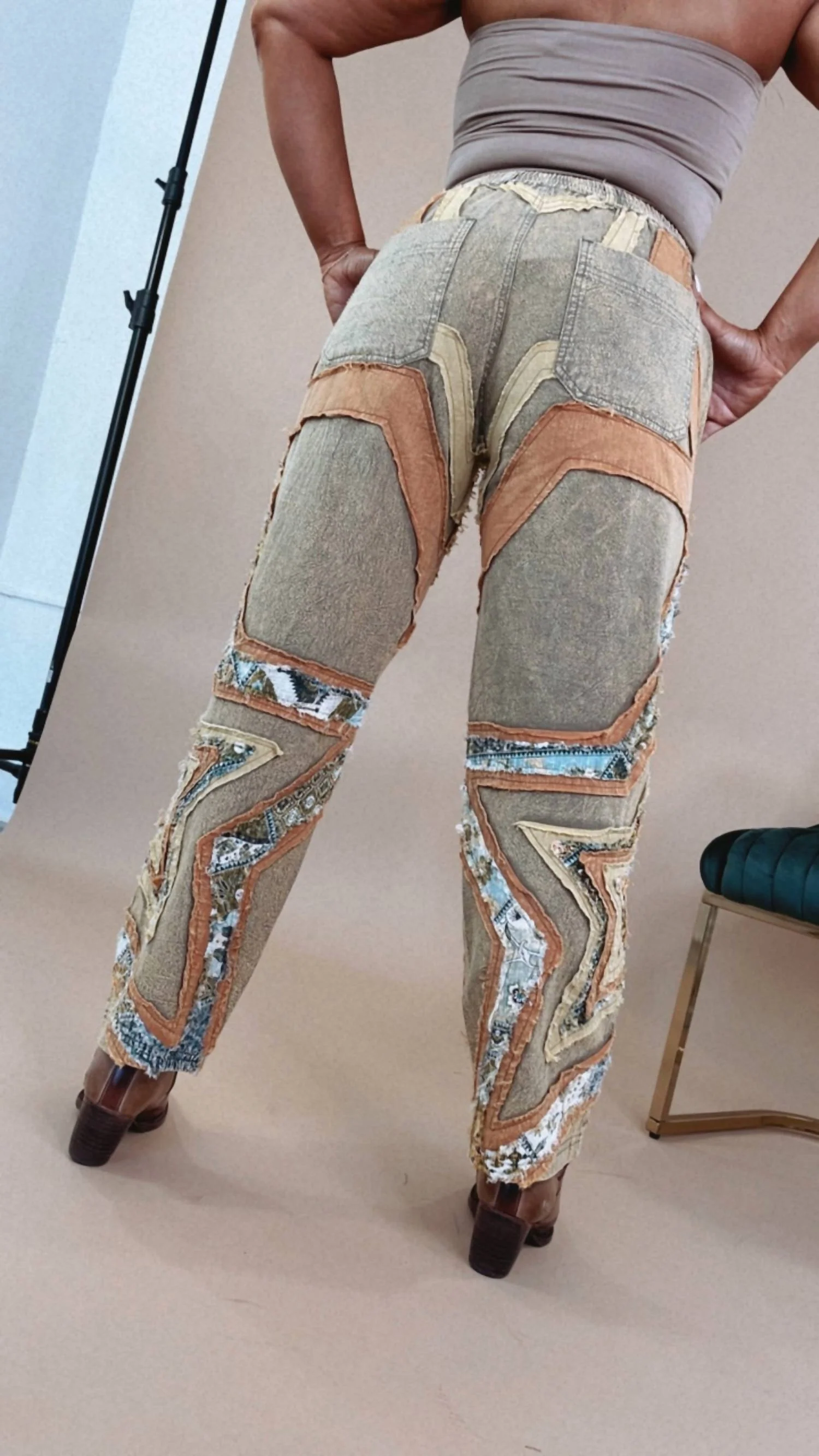 Star Patched Pants In Washed Patchwork
