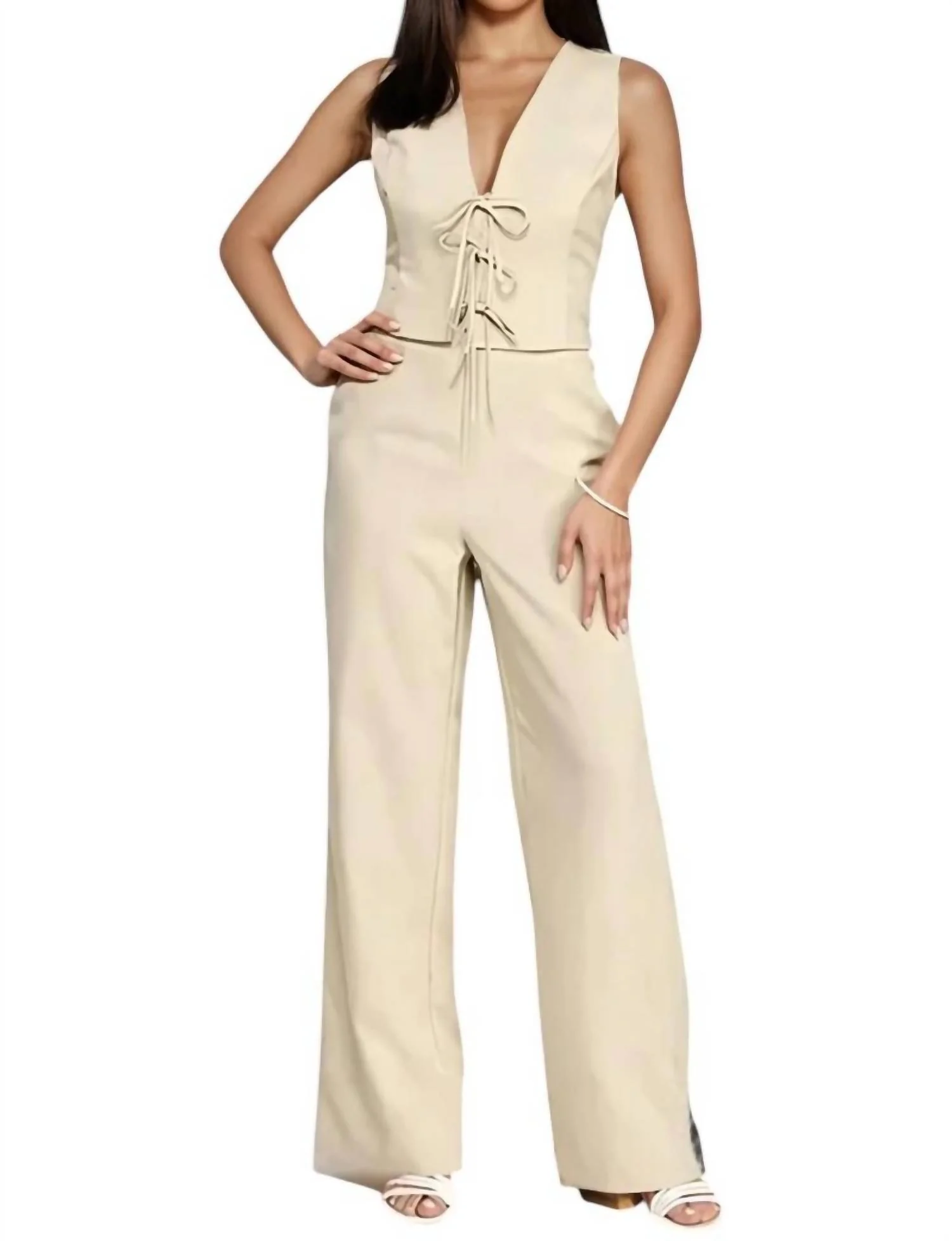 Emma Bow Detail Vest & Pant Set In Taupe