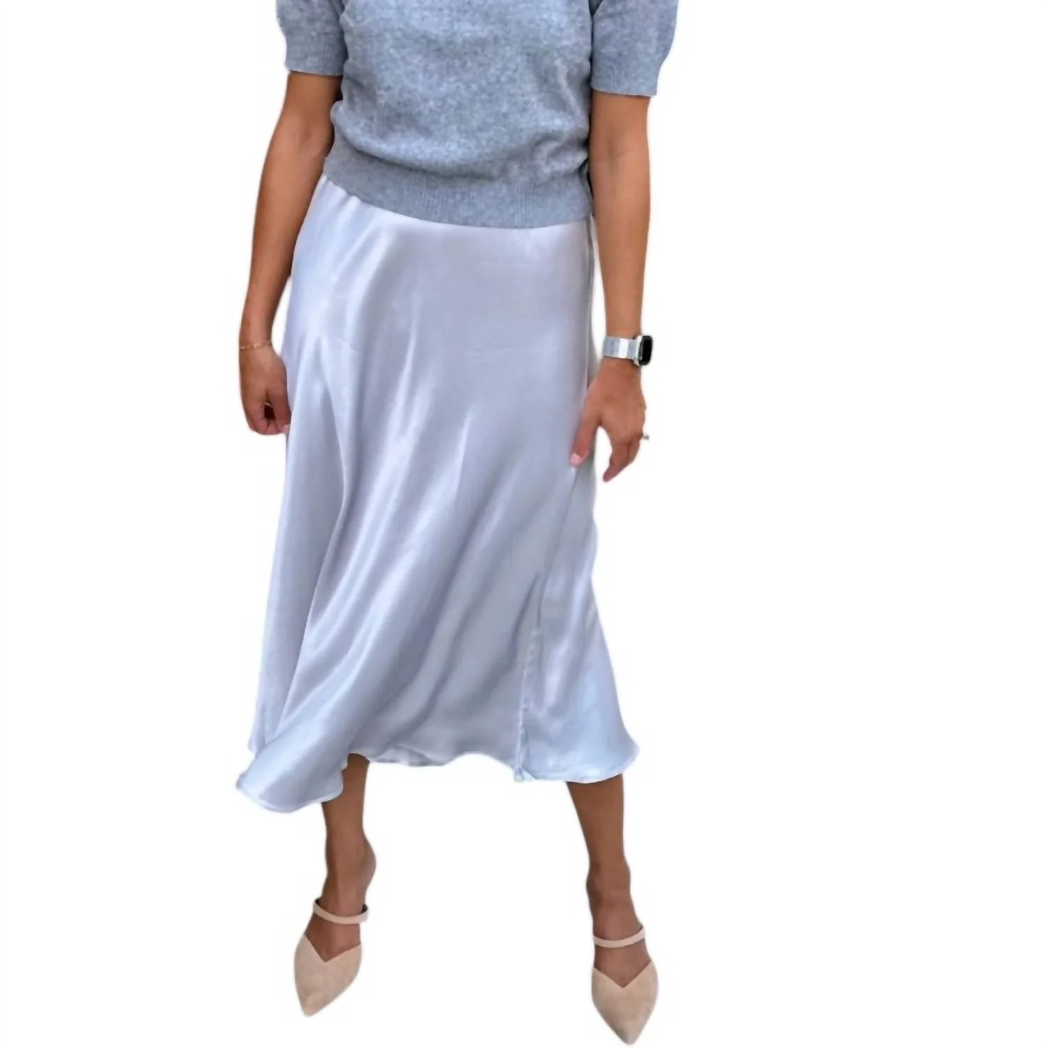 Satin Midi Skirt In Silver Birch