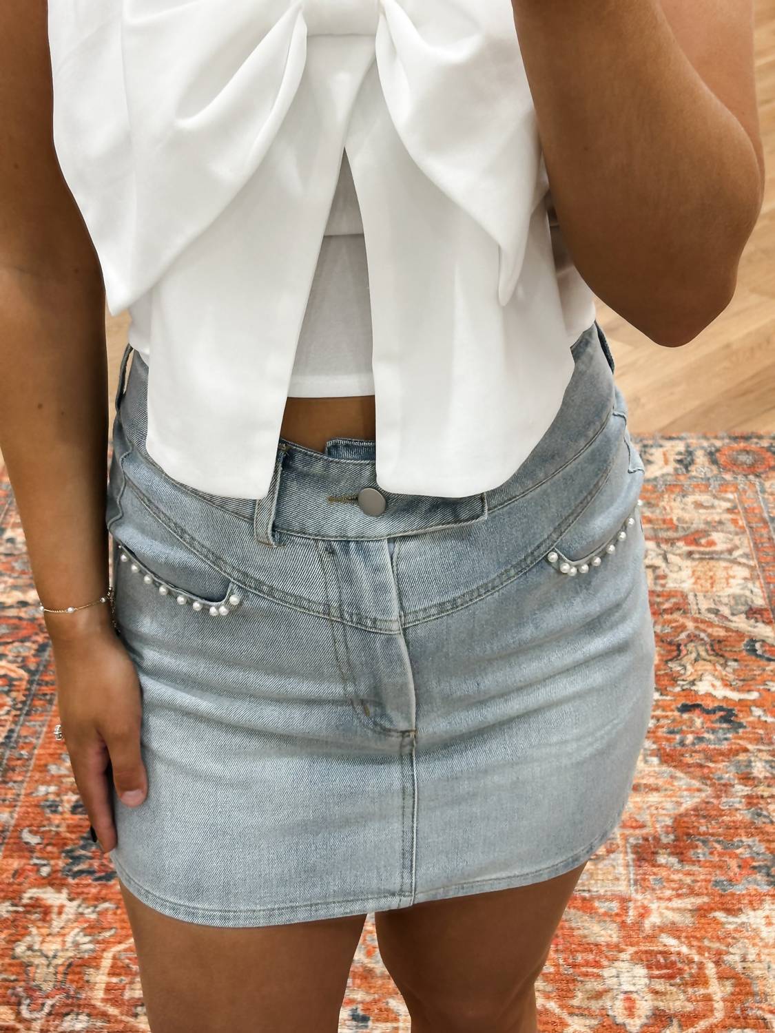 High-Rise Pearls & Denim Mini Skirt In Light Denim