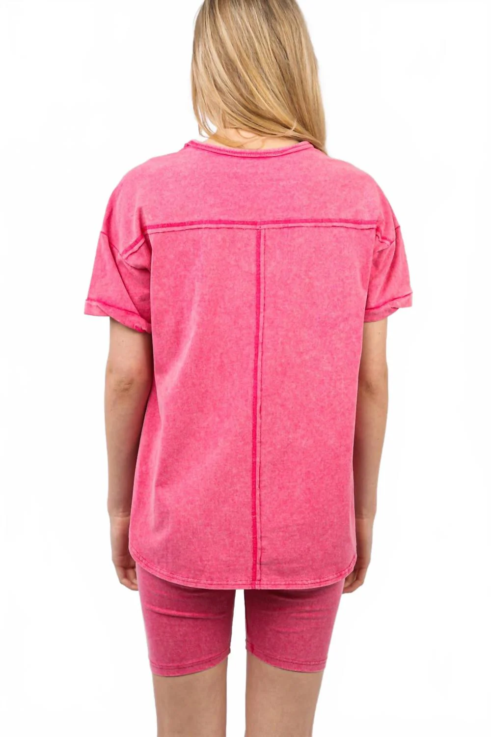 Comfy Washed Biker Top And Short Set In Pink