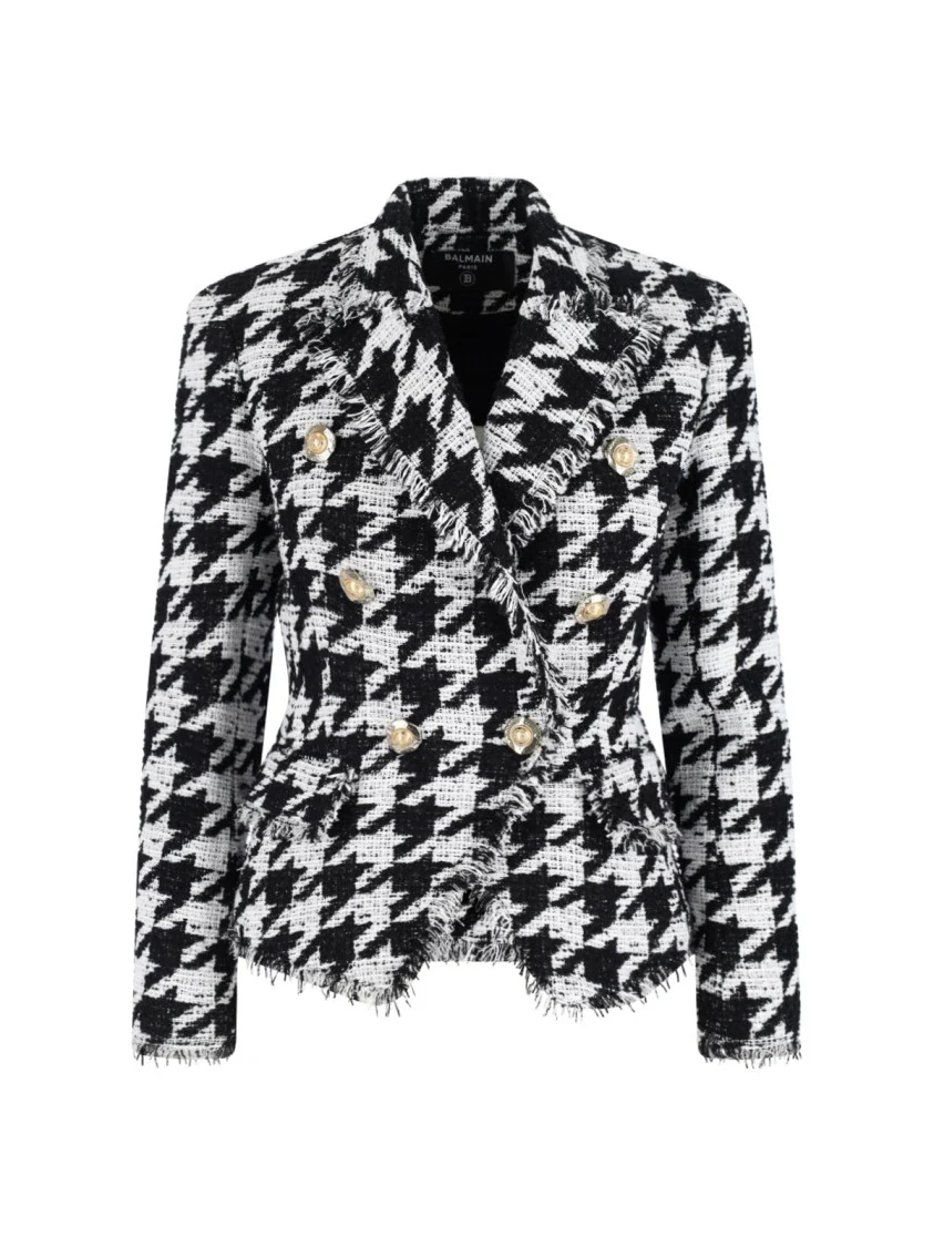 Double-Breasted Houndstooth Blazer With Frayed Design