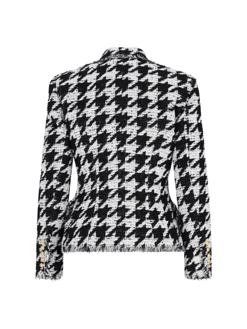 Double-Breasted Houndstooth Blazer With Frayed Design