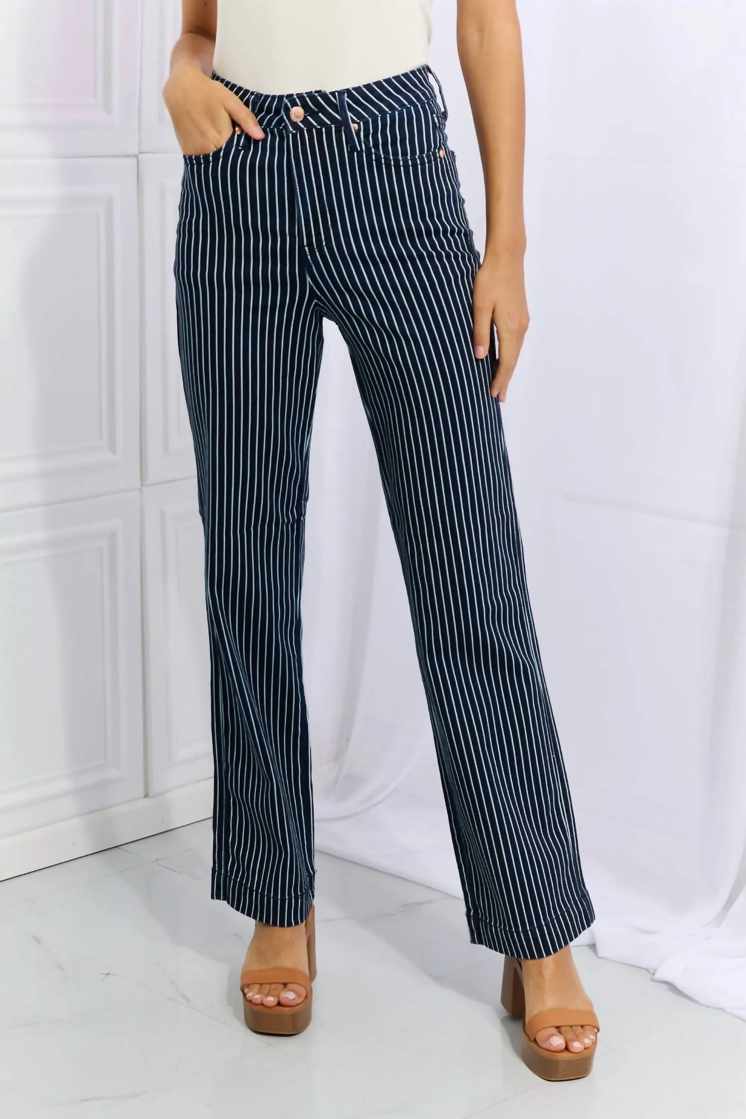 High Waist Tummy Control Striped Straight Trouser Jeans In Dark Blue Striped