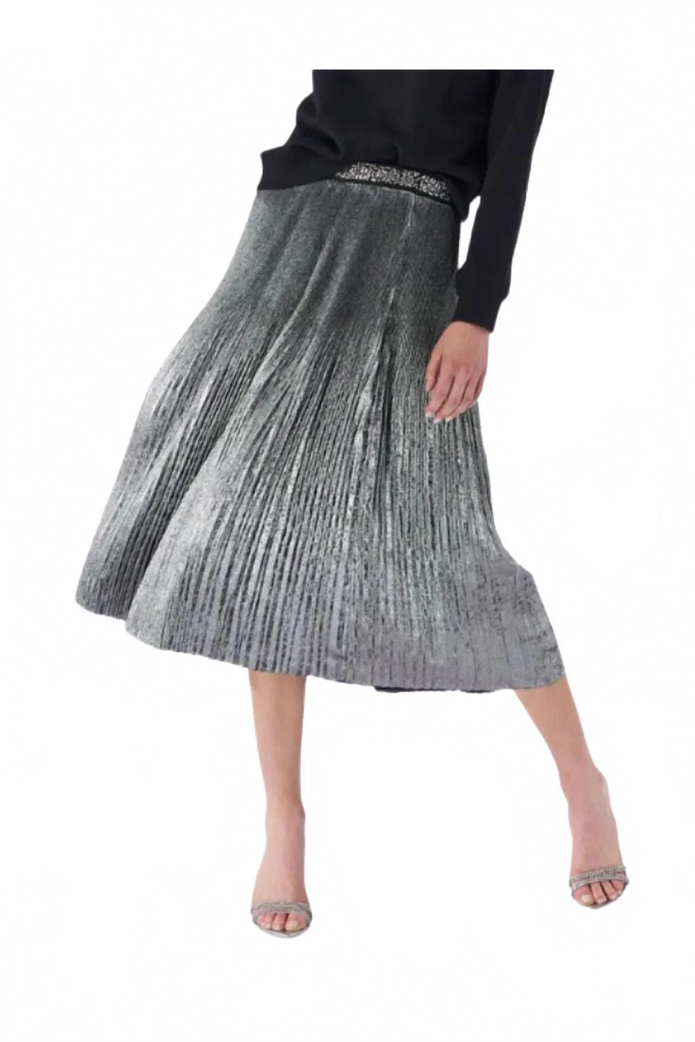 Women's Foil Pleated Midi Skirt In Silver