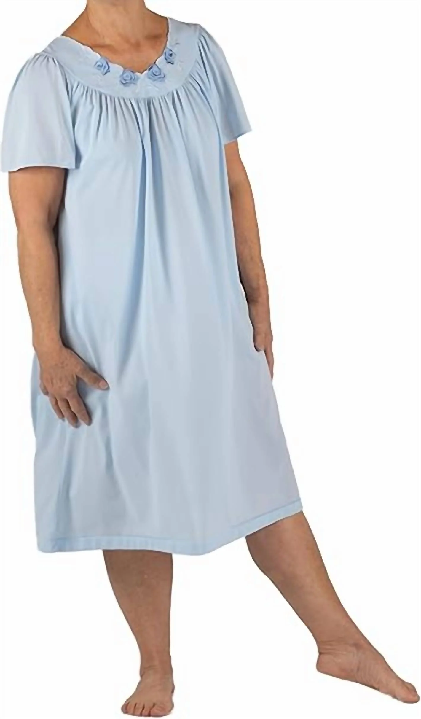 Long Gown With Flower Petal Embroidery And Flutter Sleeves In Bluebell