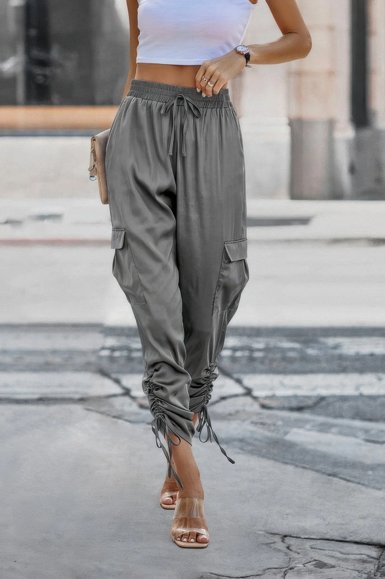 FASHNZFAB Solid Drawstring Hem Flap Pocket Side Stacked Pant