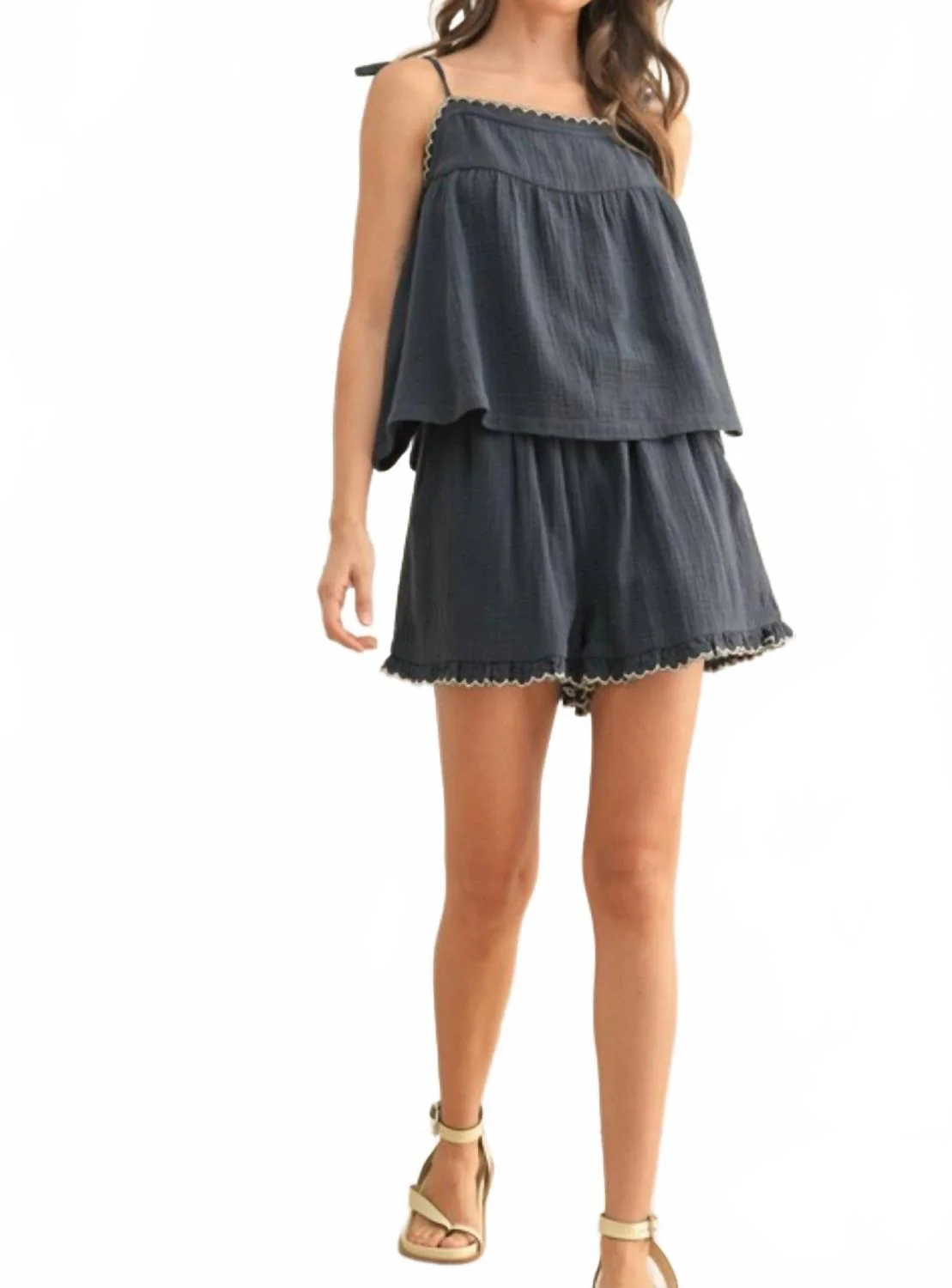 Gauze Tank Top And Short Set In Navy