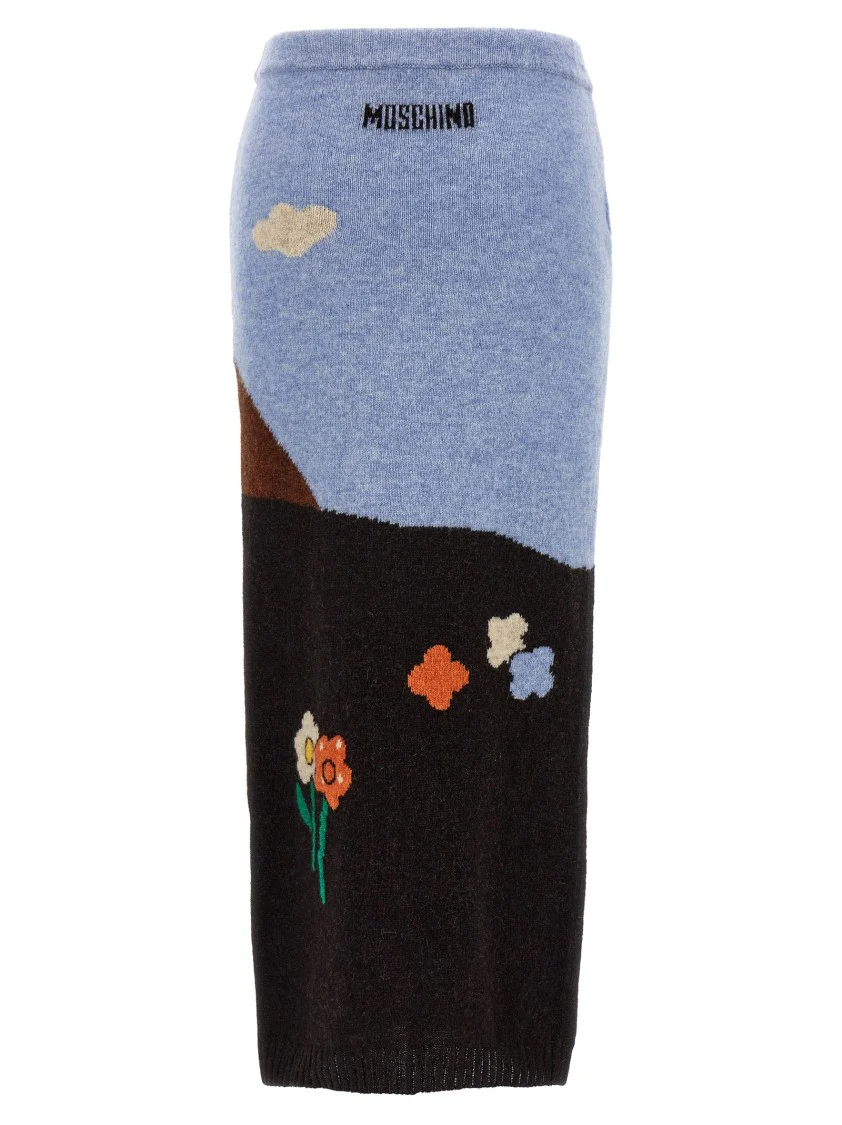Shetland Wool Knit Skirt With Landscape Intarsia