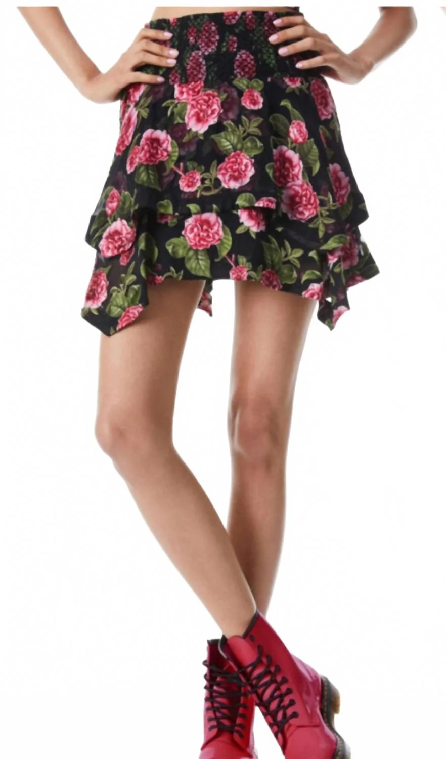 Zarya Asymmetrical Smocked Mini Skirt In Cheri Floral