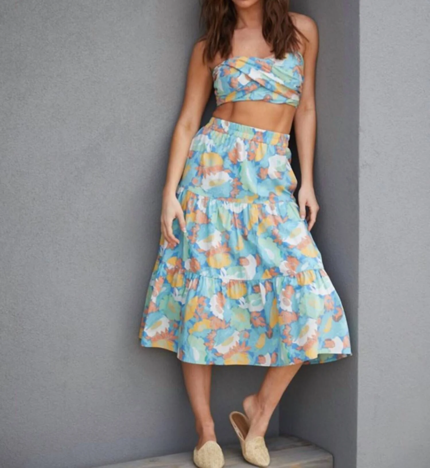 Alyssa Floral Twisted Tube Top Midi Skirt Set In Blue/ Green/ Yellow
