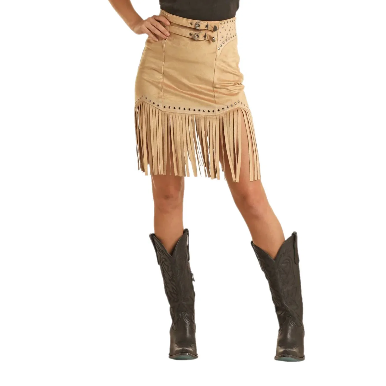 Studded Fringe Skirt With Side Zip In Camel
