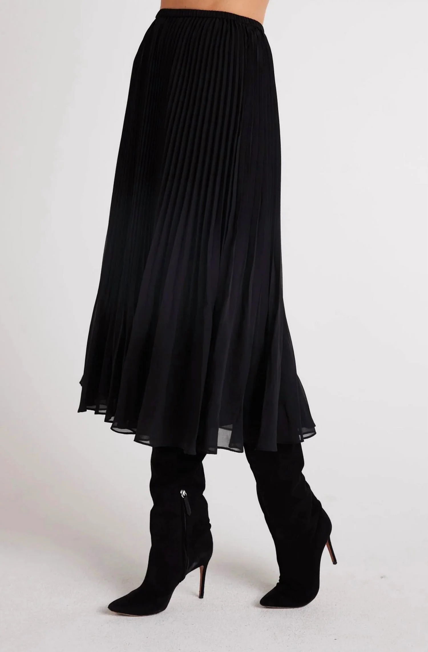 Sunburst Pleat Chiffon Midi Skirt In Black