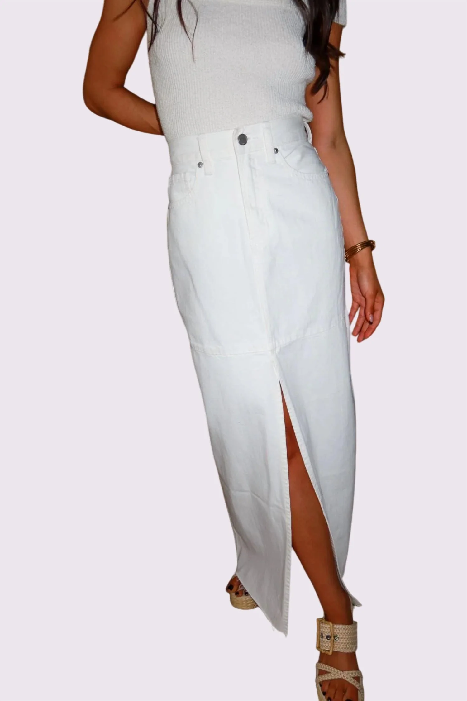 Sienna Open Slit Denim Maxi Skirt In White