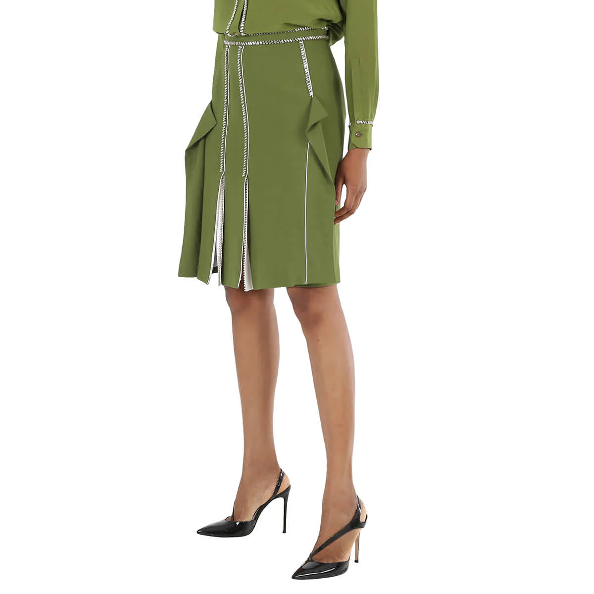 Burberry Ladies Cedar Green Crystal Detail Panelled Wool-Crepe A-Line Skirt