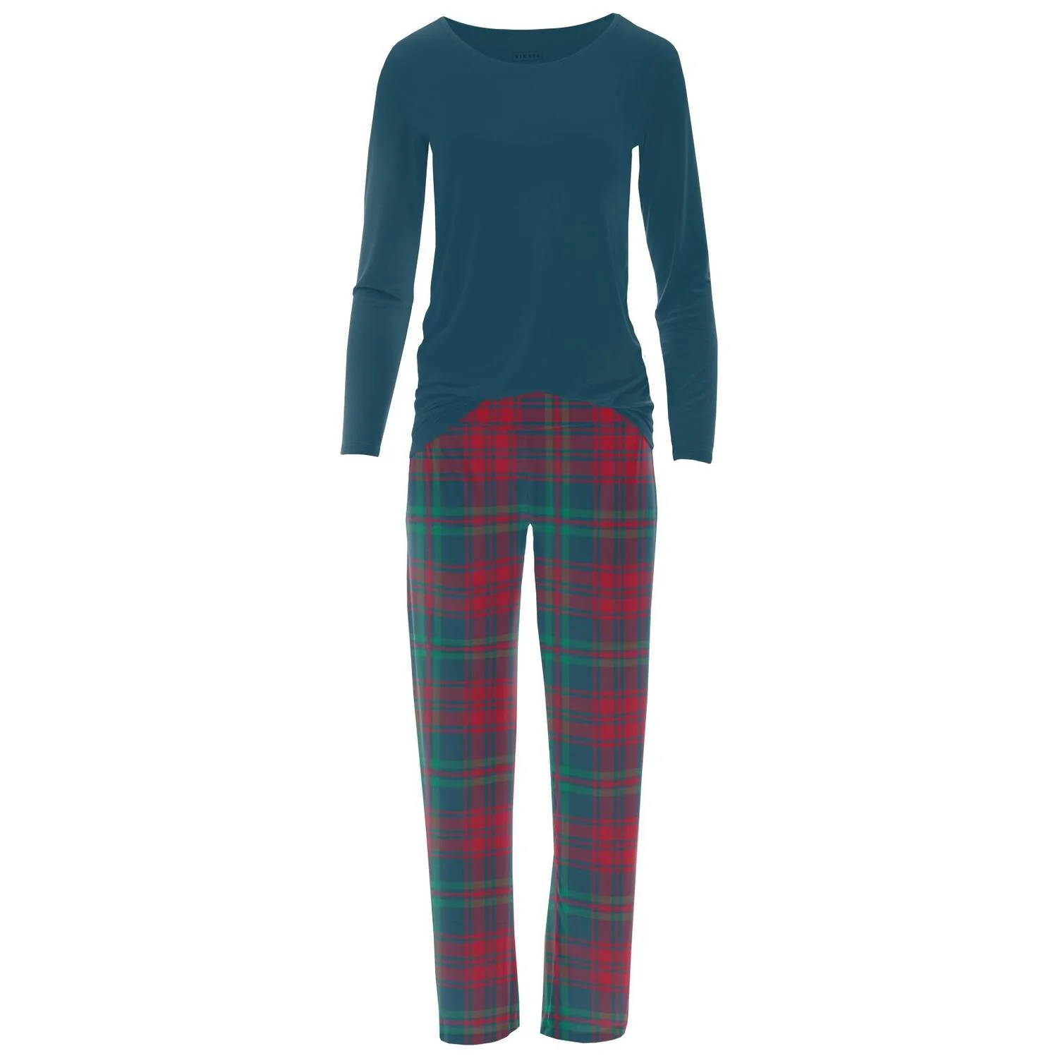 Women's Long Sleeve Tee & Pajama Pants Set In Peacock Plaid