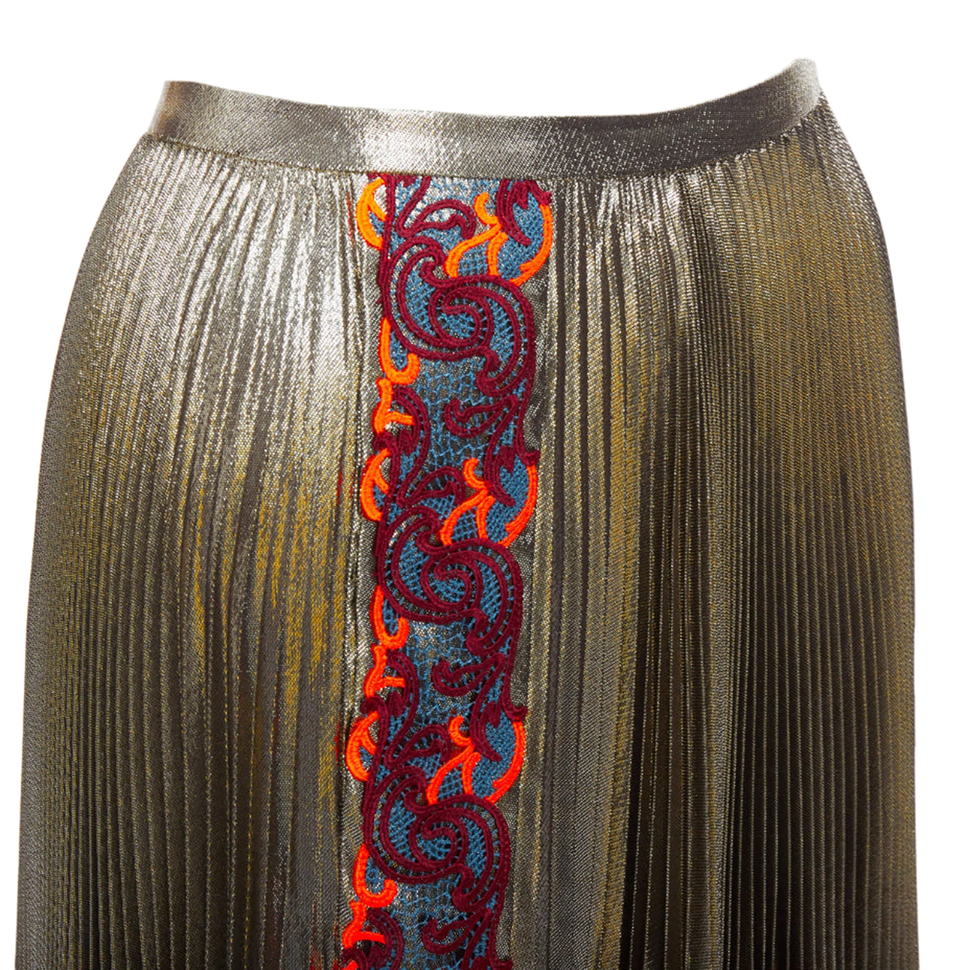 Versace Metallic Silk-Lame Baroque Trim Pleated Full Skirt