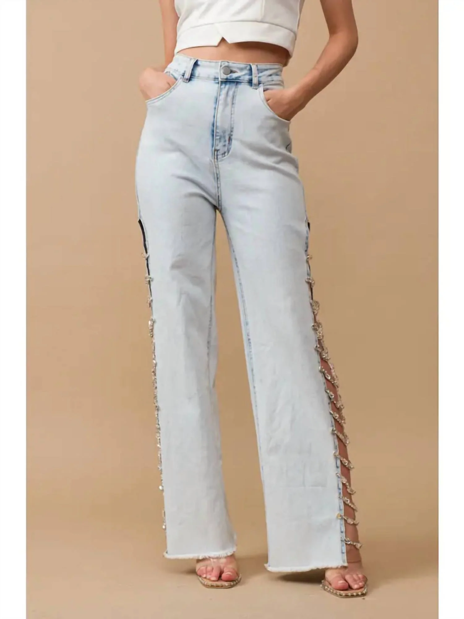 Denim Stretch Jeans Cut Out Sides With Jewels In Light Wash