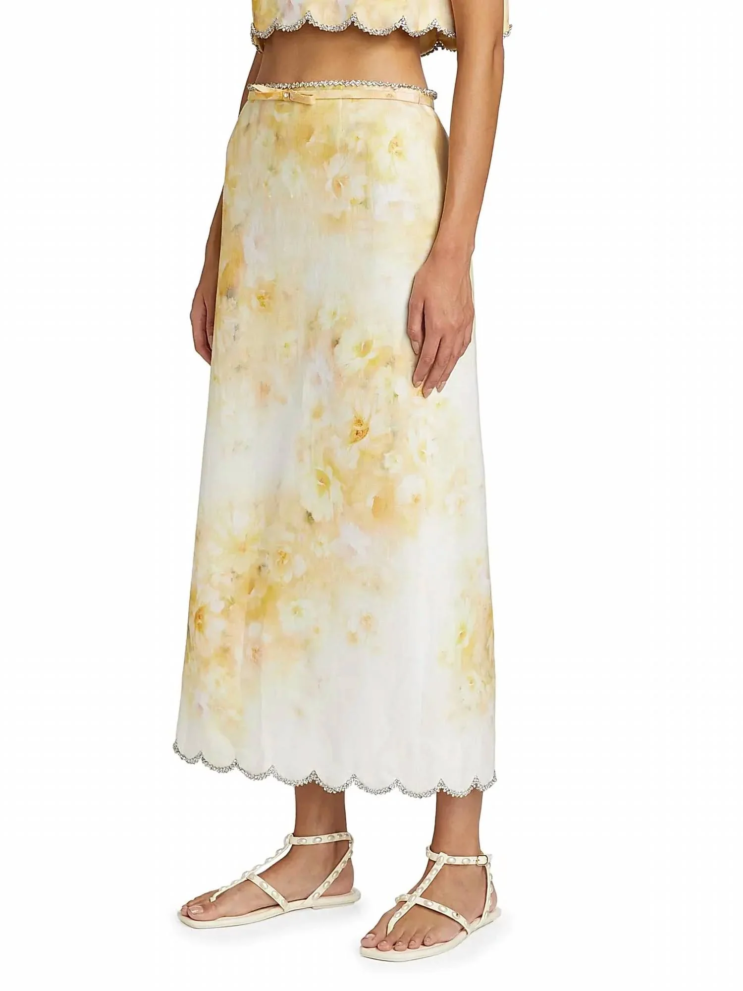 Crush Scalloped Midi Skirt In Yellow Floral