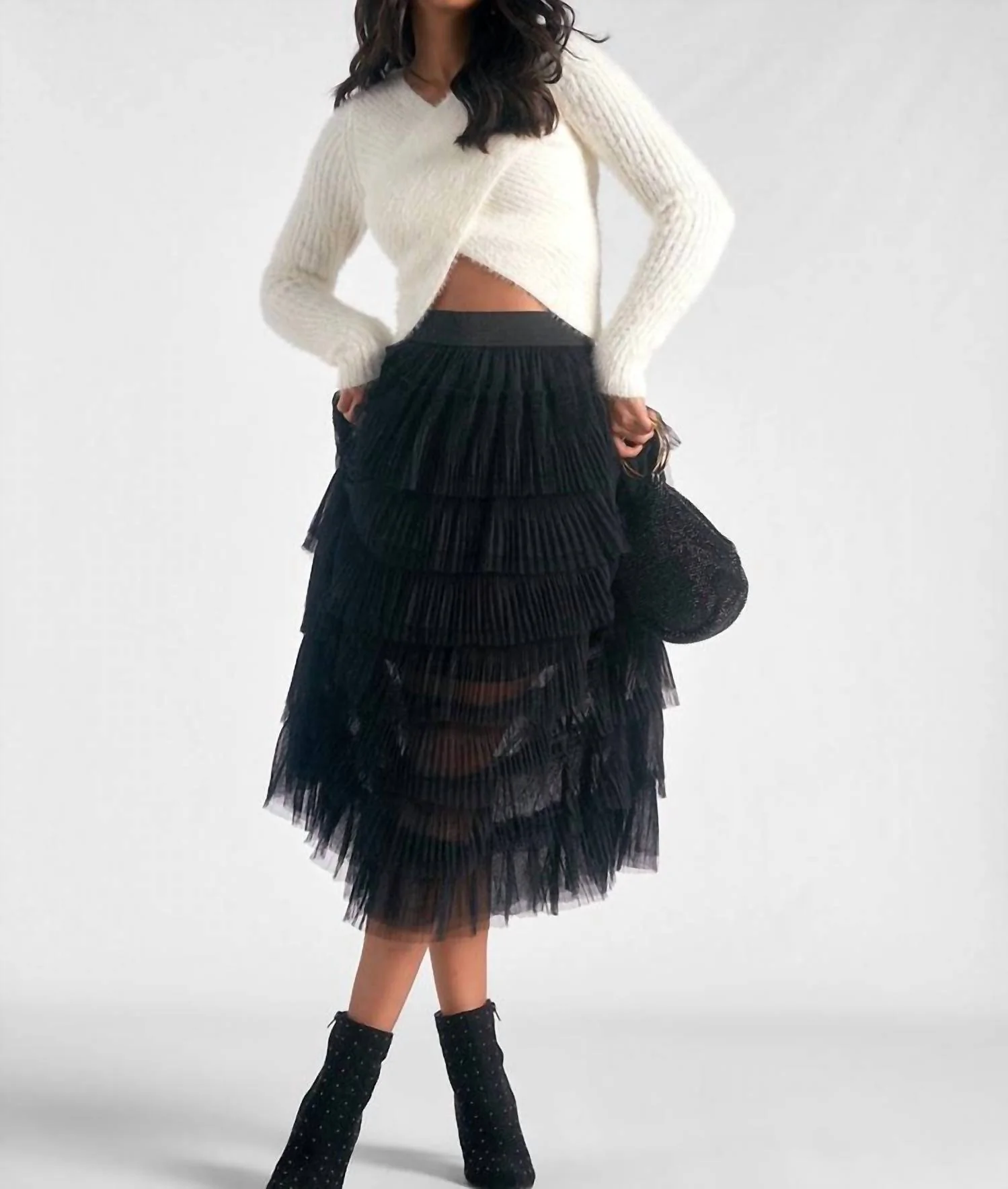 Layered Tuille Midi Skirt In Black