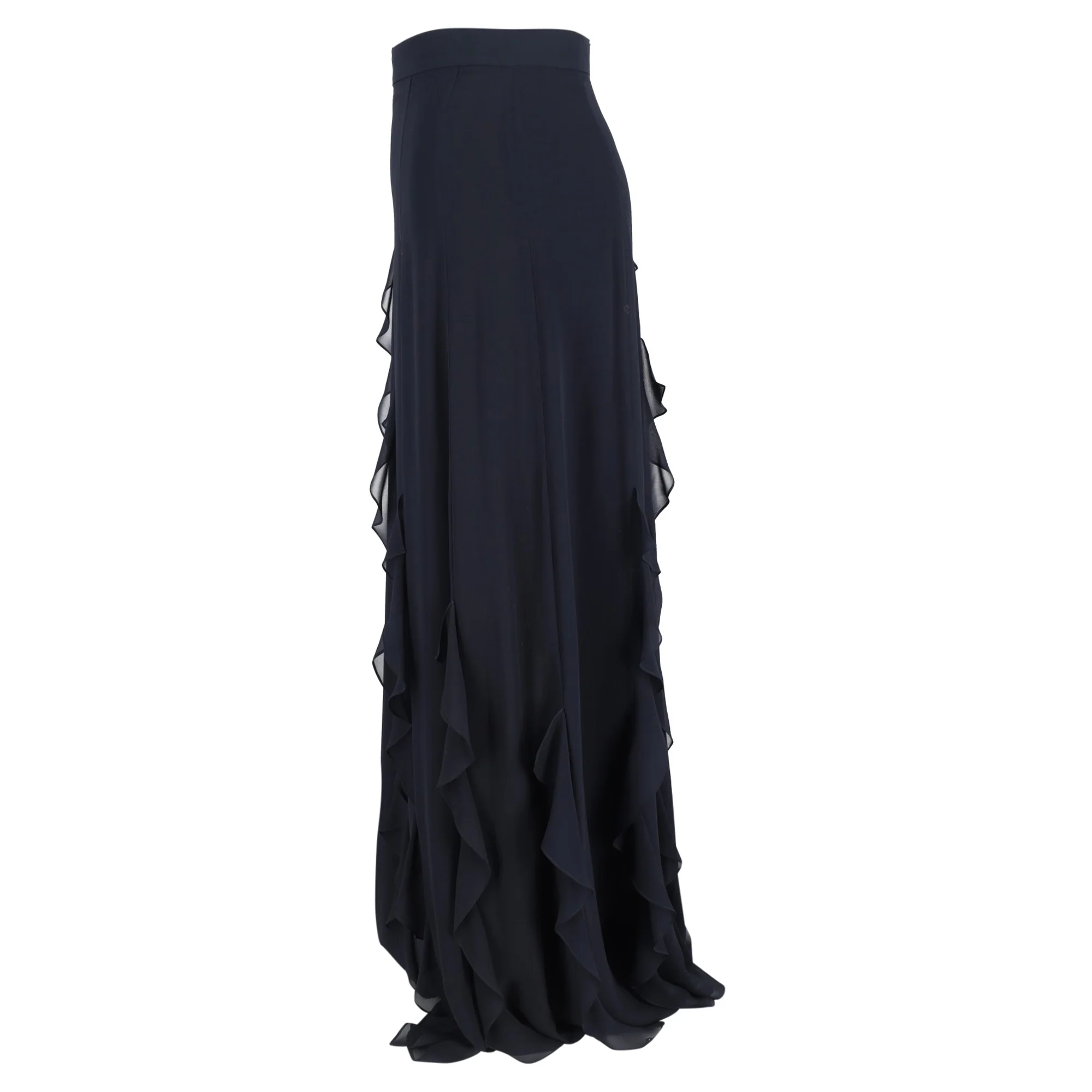 Max Mara Serafin Frilled Long Skirt in Navy Blue Silk