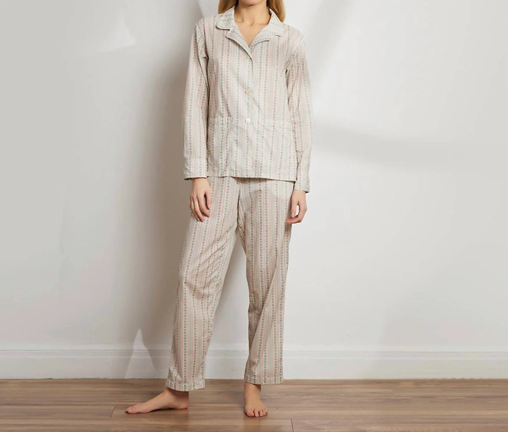 Printed Floral Cotton Long Pajama Set In Rose Wallpaper