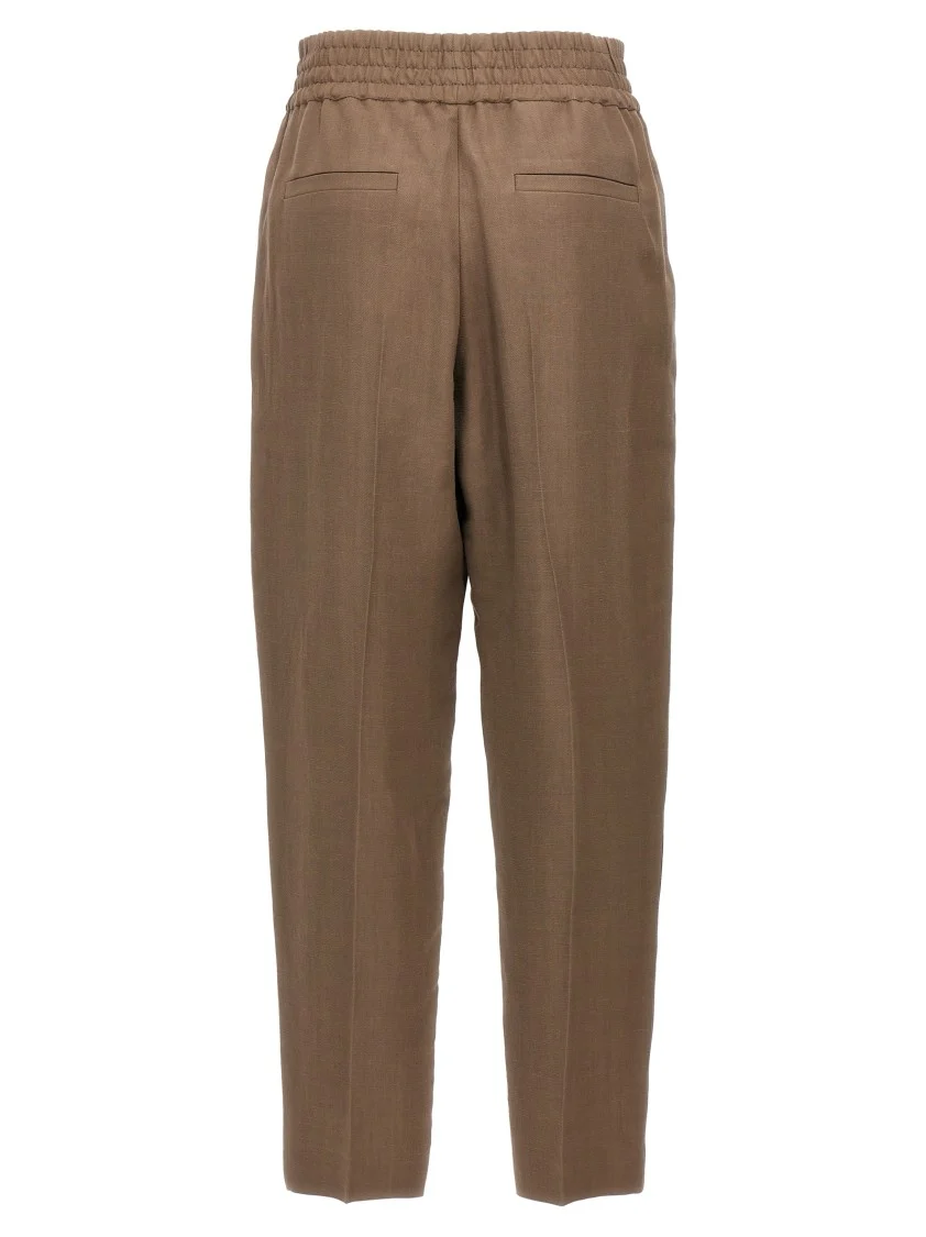 Brown Linen Blend Trousers With Elastic Waistband