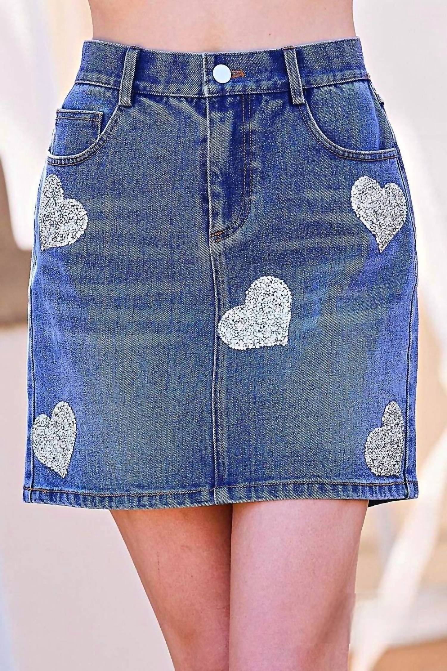 Abbey Sequined Hearts Denim Mini Skirt In Medium Wash