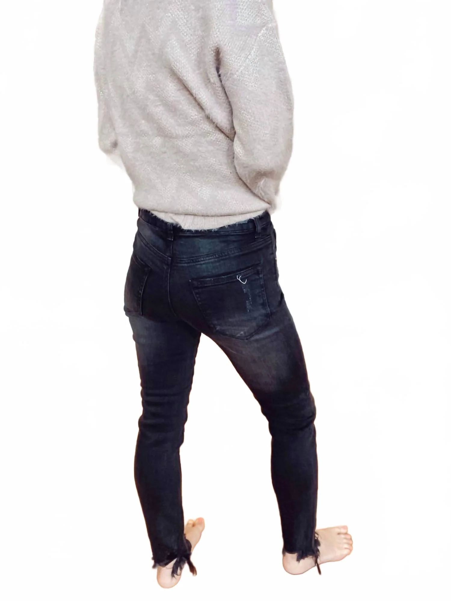 Button Fly Raw Hem Skinny Jeans In Black