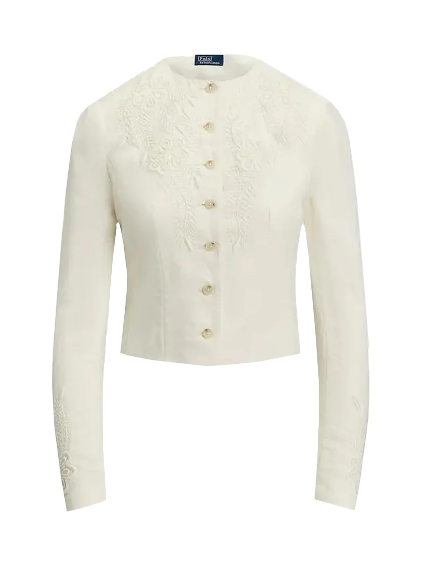 Cropped Linen Blazer With Floral Embroidery