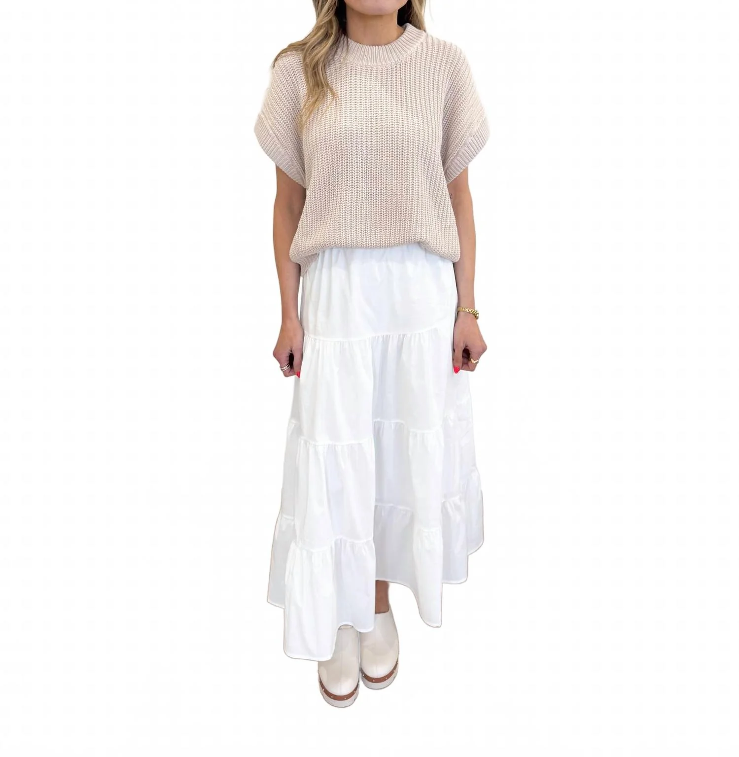 Kaiya Vest Midi Skirt Set In Grey / White