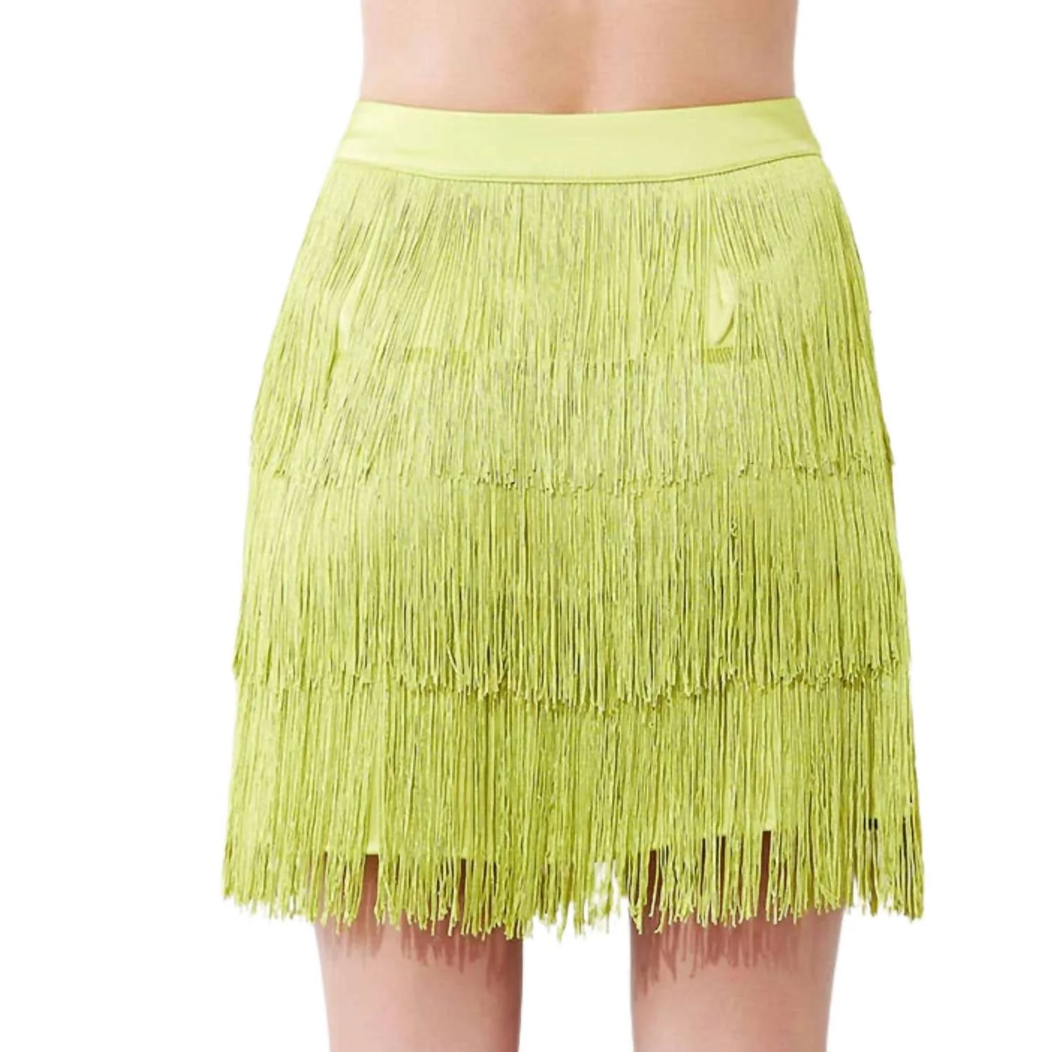 Tiered Fringe Satin Mini Skirt In Lime Light