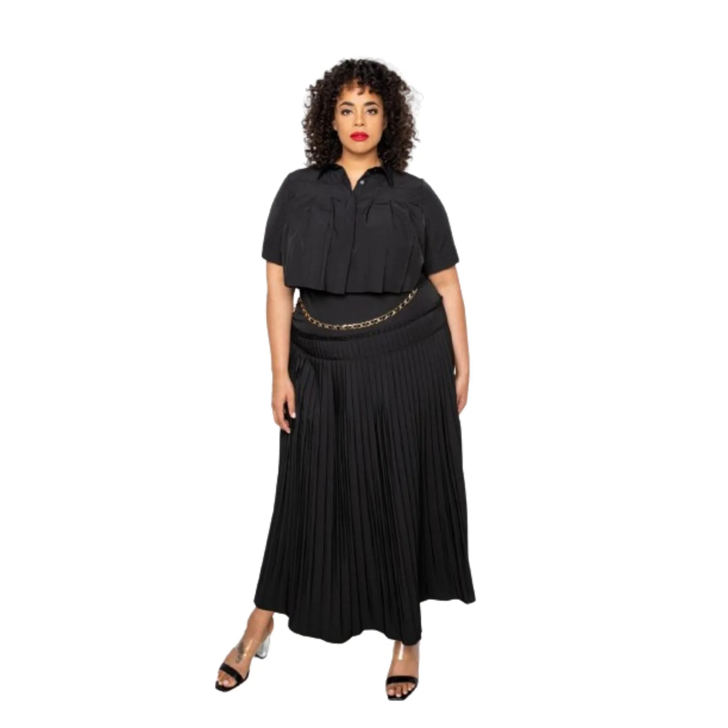 Pleated Cropped Shirt And Maxi Skirt Set