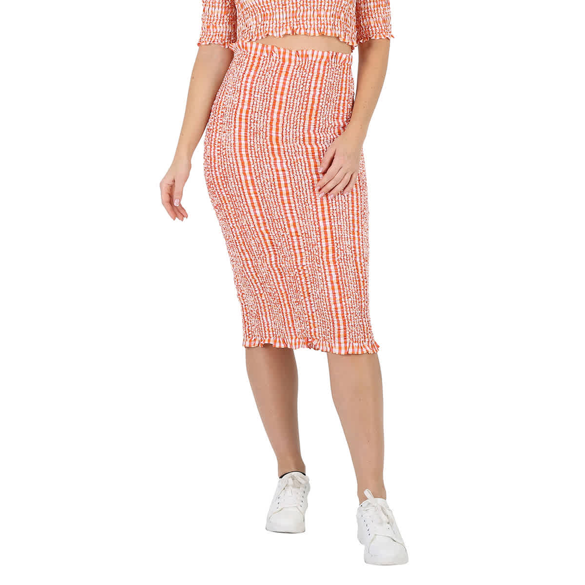 Kenzo Ladies Medium Orange Check Ruched Midi Skirt