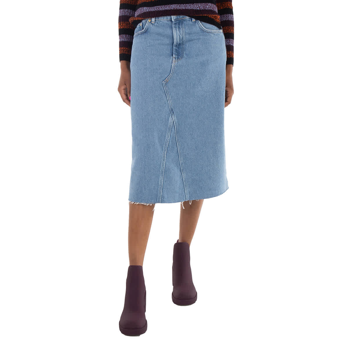 Ganni Ladies Light Blue Stone Denim Organic Cotton Midi Skirt