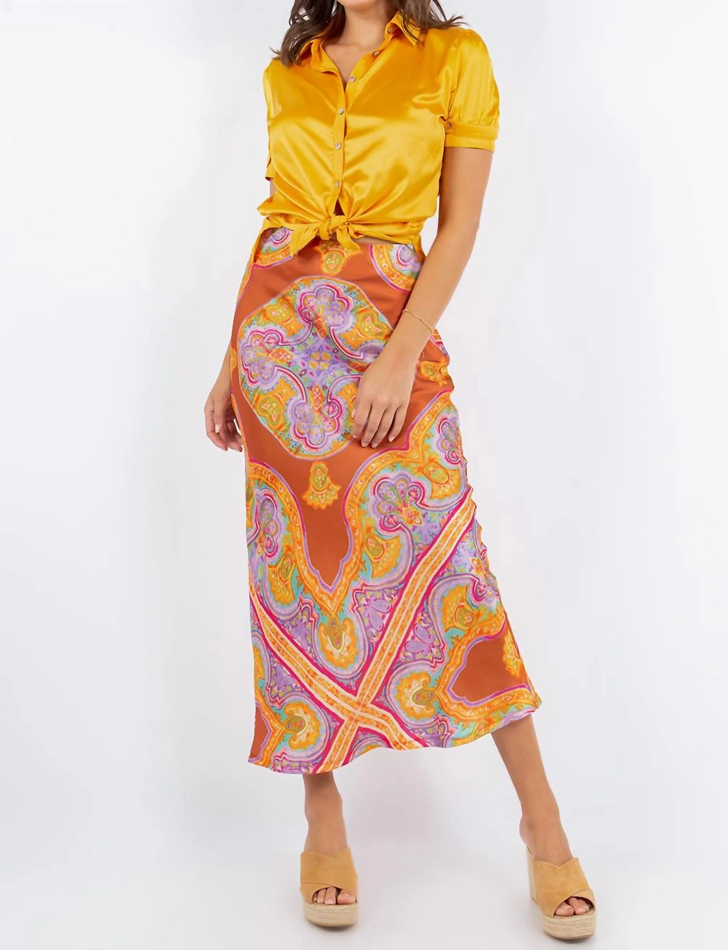 Satin Watercolor Print Bias Cut Skirt